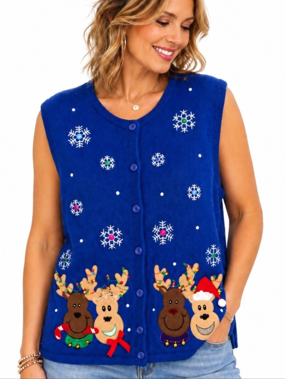 Rebecca Malone Large Blue Christmas Reindeer Snowflake Sweater Vest Vintage